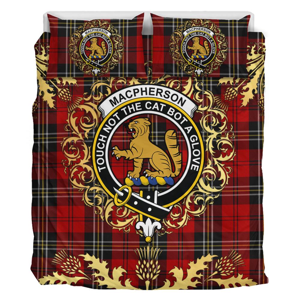 MacPherson Red Cluny Tartan Crest Bedding Set - Golden Thistle Style