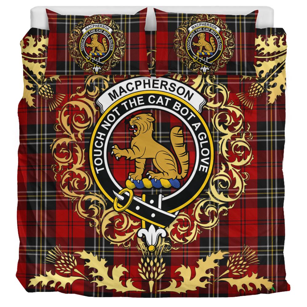 MacPherson Red Cluny Tartan Crest Bedding Set - Golden Thistle Style