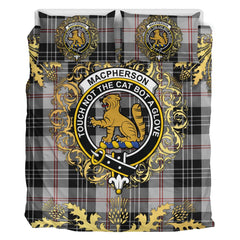 MacPherson of Cluny Black and White Tartan Crest Bedding Set - Golden Thistle Style