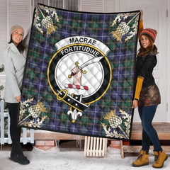 MacRae Hunting Modern Tartan Crest Premium Quilt - Gold Thistle Style
