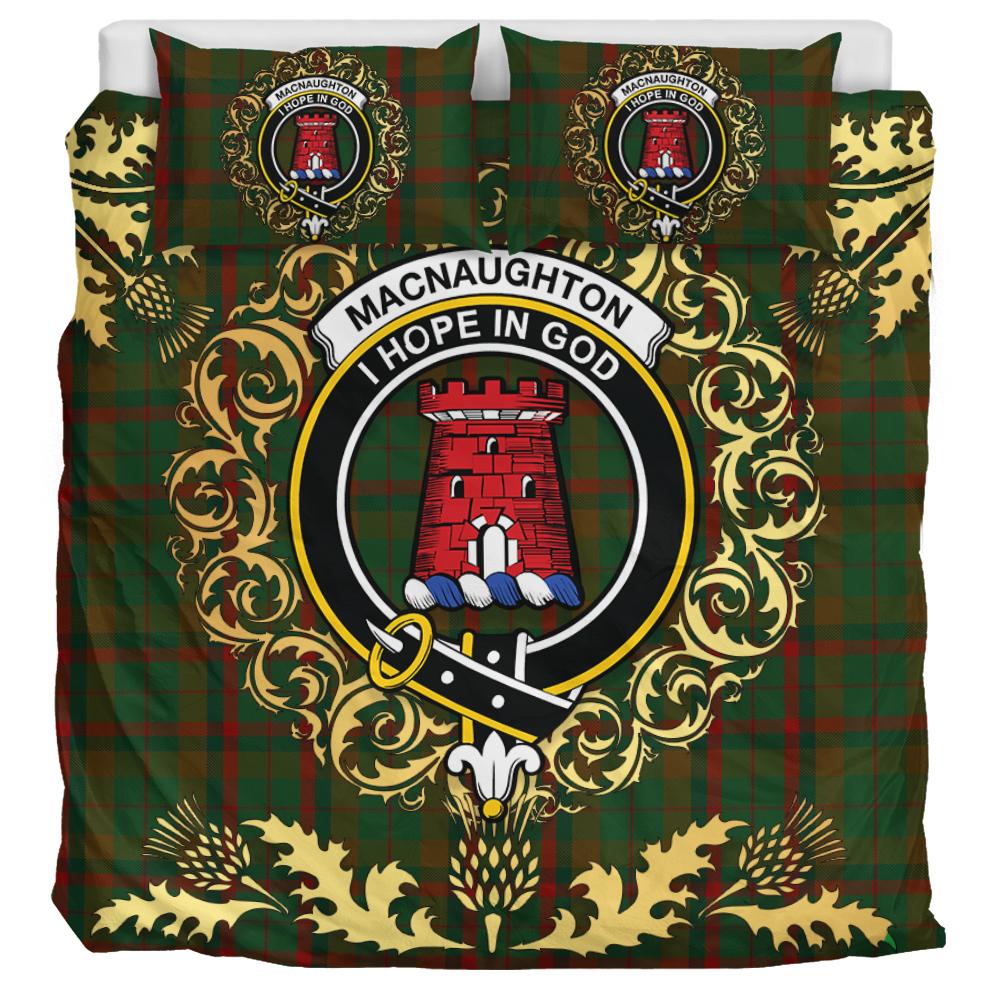 Macnaughton Hunting Tartan Crest Bedding Set - Golden Thistle Style
