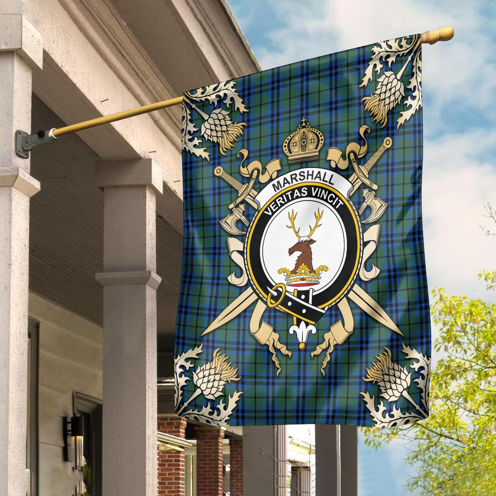 Marshall Tartan Crest Black Garden Flag - Gold Thistle Style