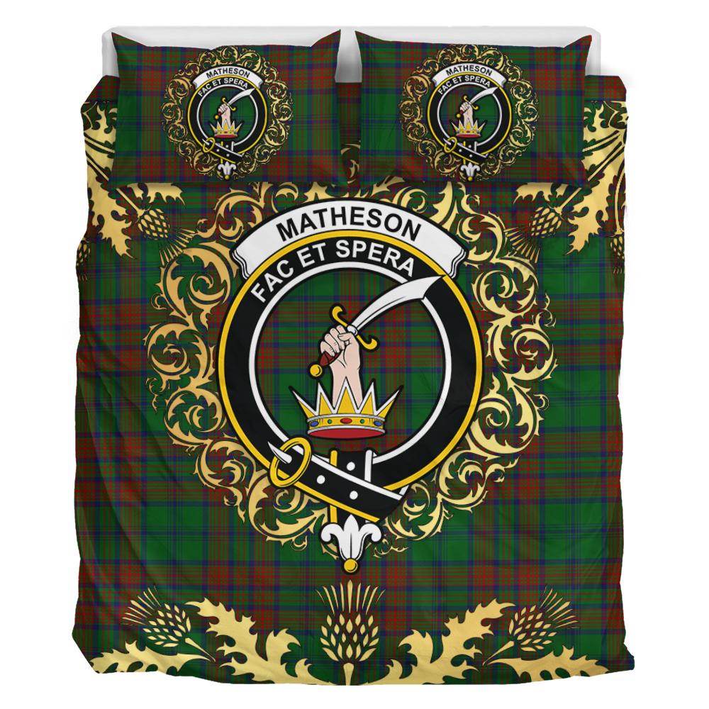 Matheson Hunting Highland Tartan Crest Bedding Set - Golden Thistle Style