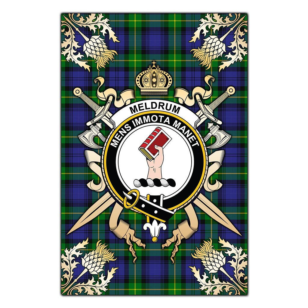 Meldrum Tartan Crest Black Garden Flag - Gold Thistle Style