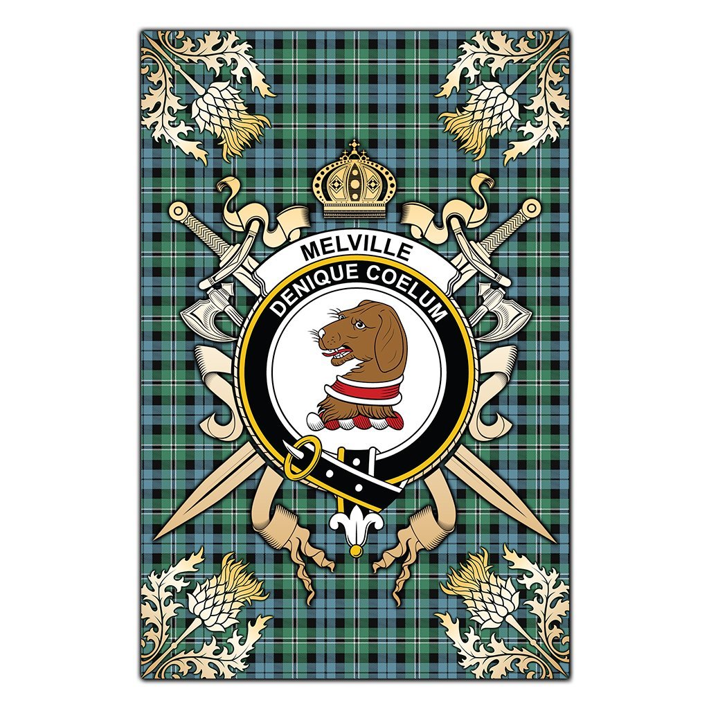 Melville Tartan Crest Black Garden Flag - Gold Thistle Style