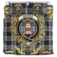 Menzies Black Dress Tartan Crest Bedding Set - Golden Thistle Style