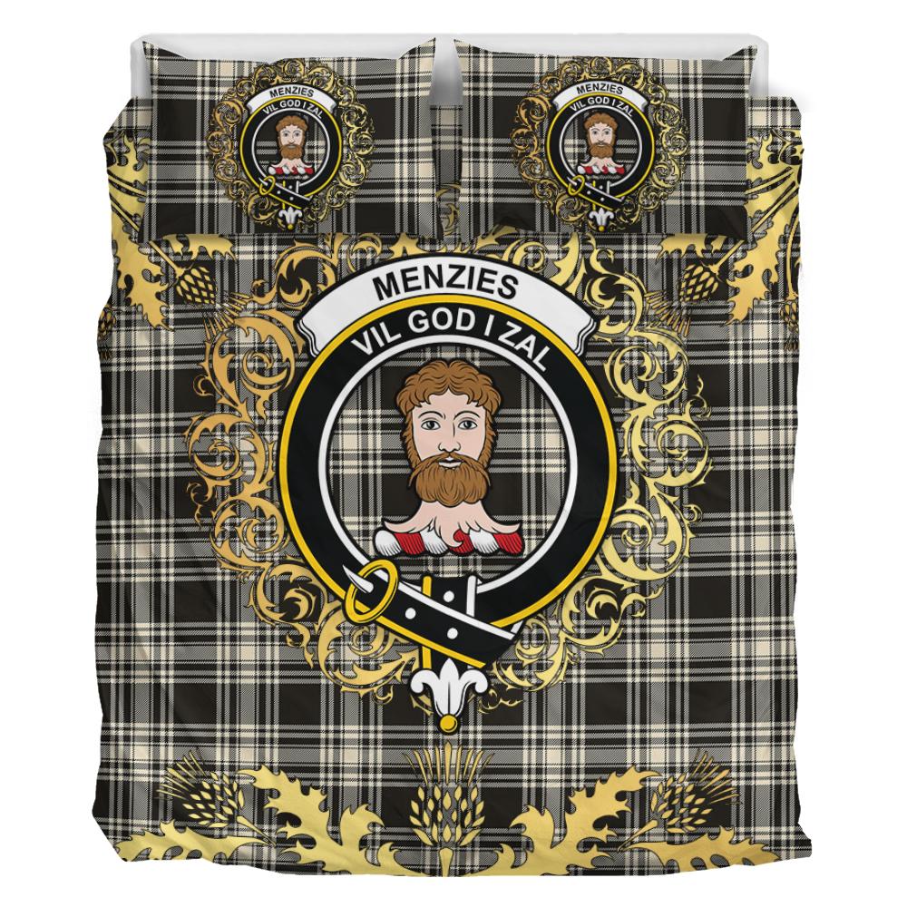 Menzies Black and White Ancient Tartan Crest Bedding Set - Golden Thistle Style
