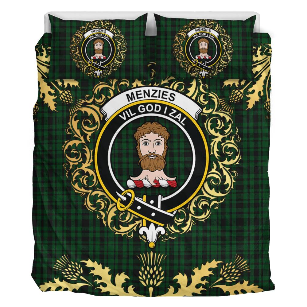 Menzies Green Tartan Crest Bedding Set - Golden Thistle Style