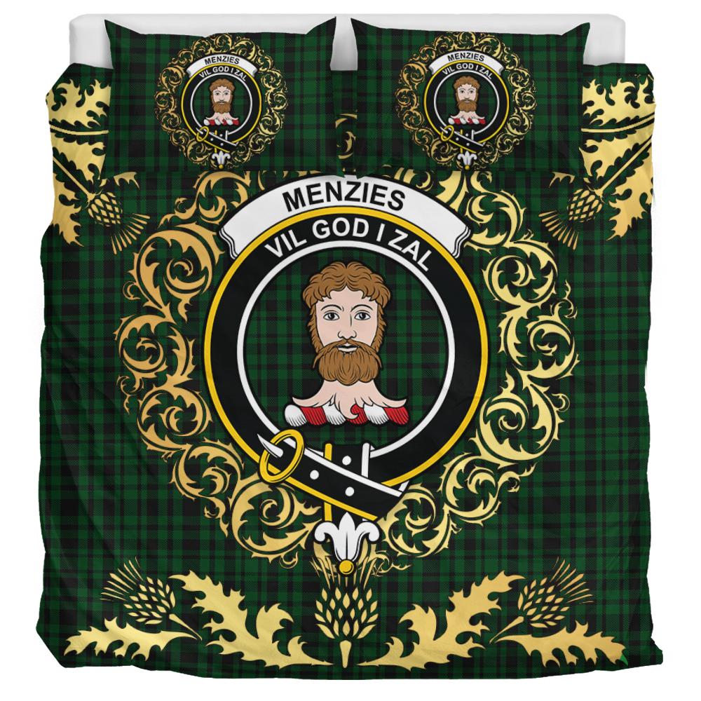 Menzies Green Tartan Crest Bedding Set - Golden Thistle Style