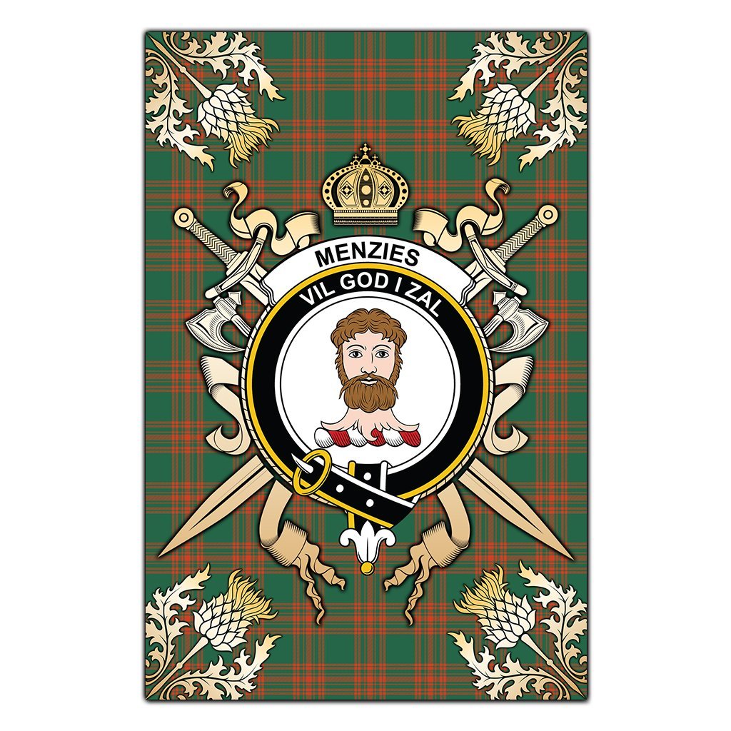 Menzies Green Ancient Tartan Crest Black Garden Flag - Gold Thistle Style