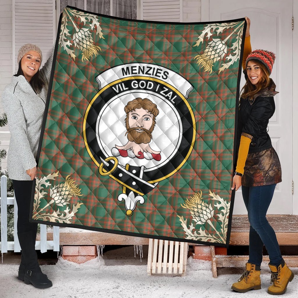 Menzies Green Ancient Tartan Crest Premium Quilt - Gold Thistle Style