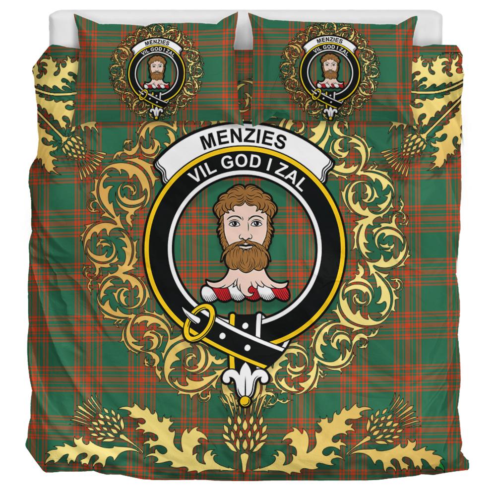 Menzies Green Ancient Tartan Crest Bedding Set - Golden Thistle Style