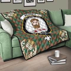Menzies Green Ancient Tartan Crest Premium Quilt - Gold Thistle Style