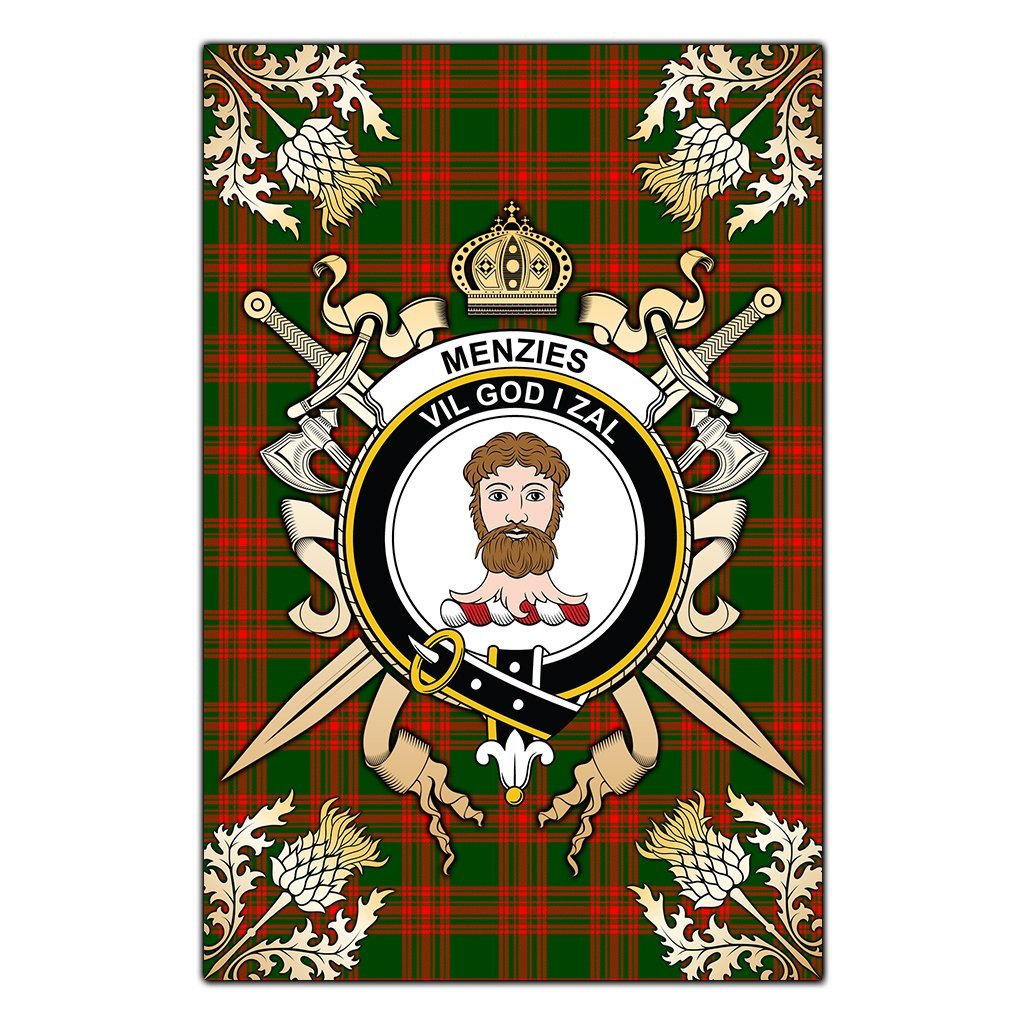 Menzies Green Modern Tartan Crest Black Garden Flag - Gold Thistle Style