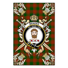 Menzies Green Modern Tartan Crest Black Garden Flag - Gold Thistle Style