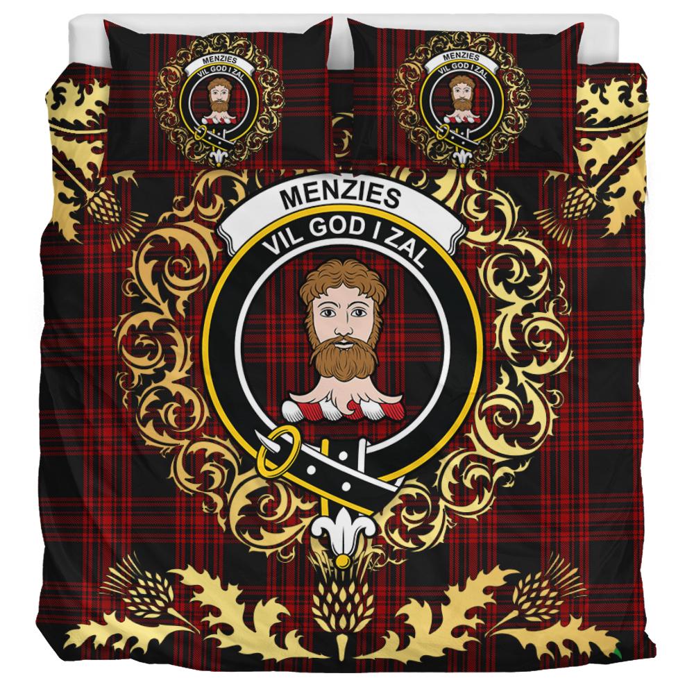 Menzies Hunting Tartan Crest Bedding Set - Golden Thistle Style