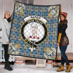 Napier Ancient Tartan Crest Premium Quilt - Gold Thistle Style