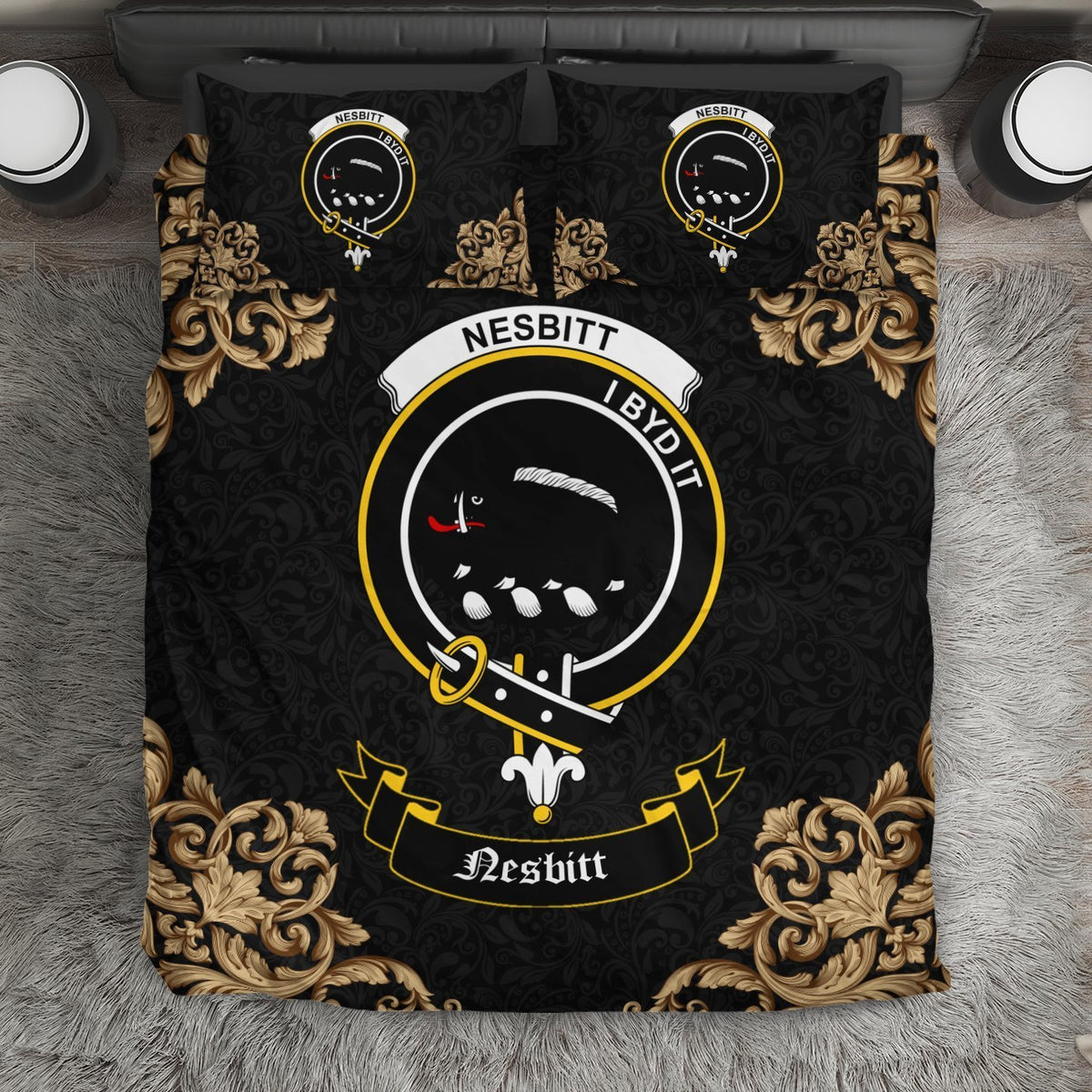 Nesbitt (or Nisbet) Crest Black Bedding Set
