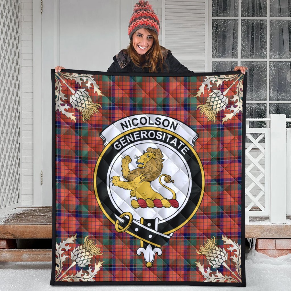 Nicolson Ancient Tartan Crest Premium Quilt - Gold Thistle Style