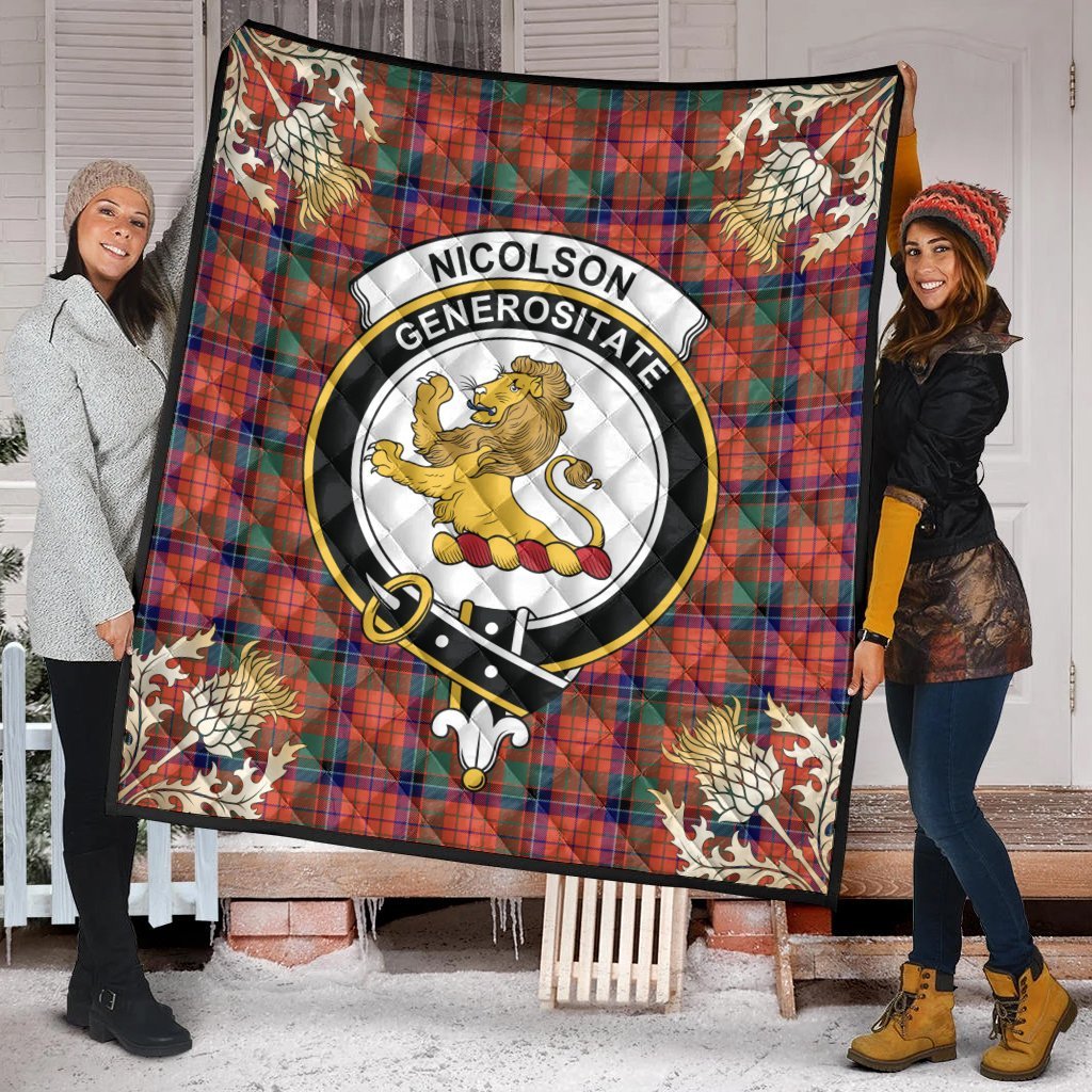Nicolson Ancient Tartan Crest Premium Quilt - Gold Thistle Style