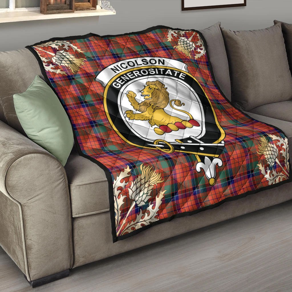 Nicolson Ancient Tartan Crest Premium Quilt - Gold Thistle Style