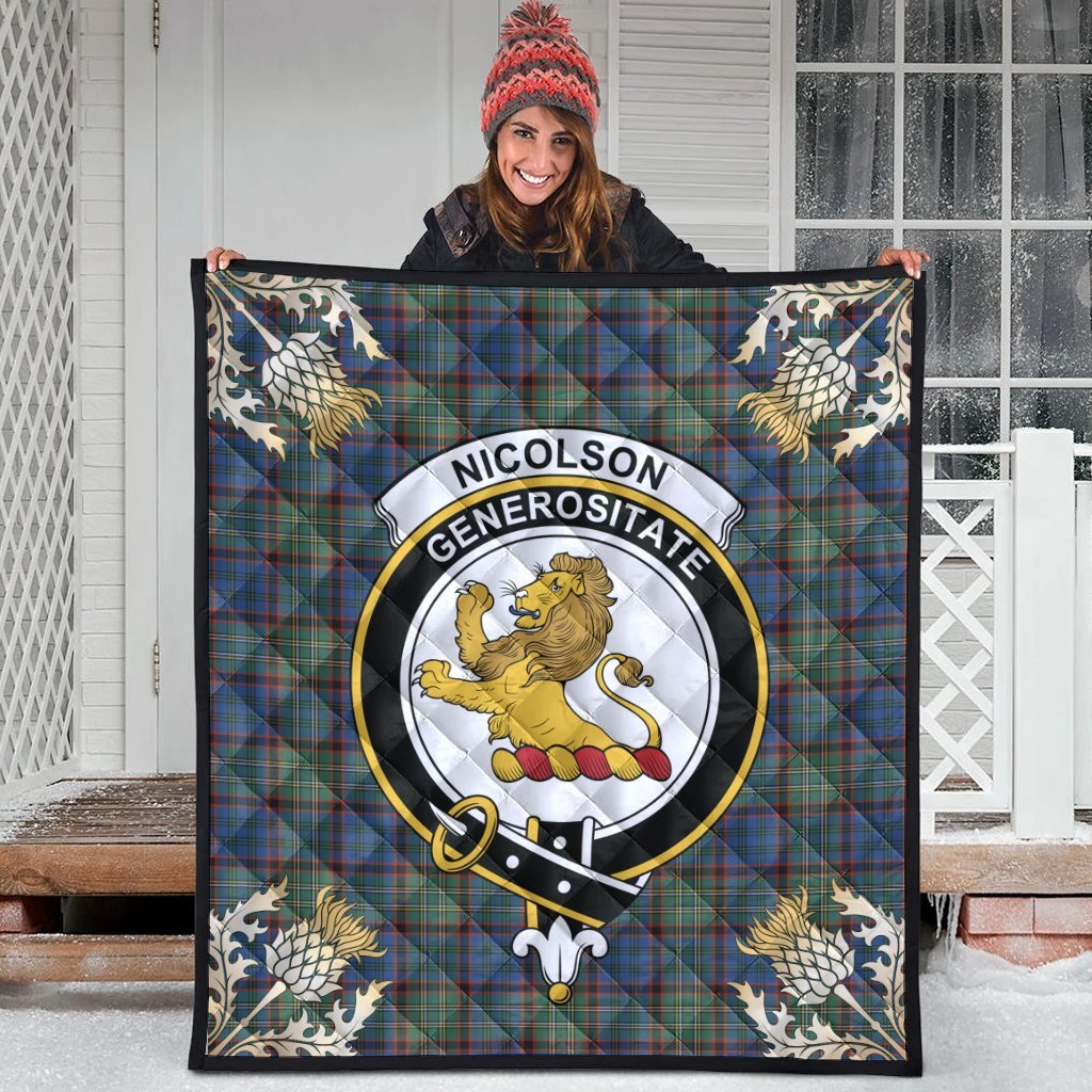 Nicolson Hunting Ancient Tartan Crest Premium Quilt - Gold Thistle Style