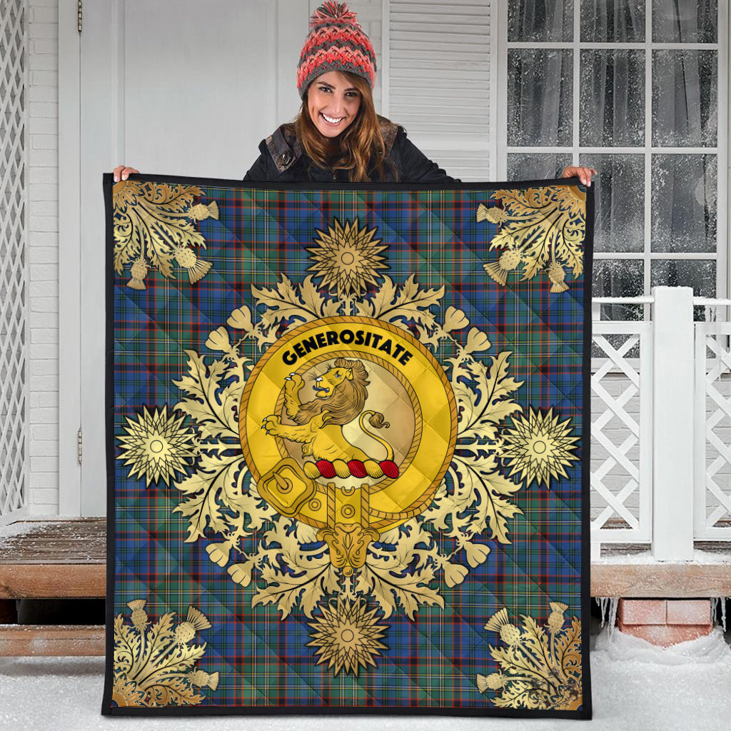 Nicolson Hunting Ancient Tartan Crest Premium Quilt - Gold Thistle Style