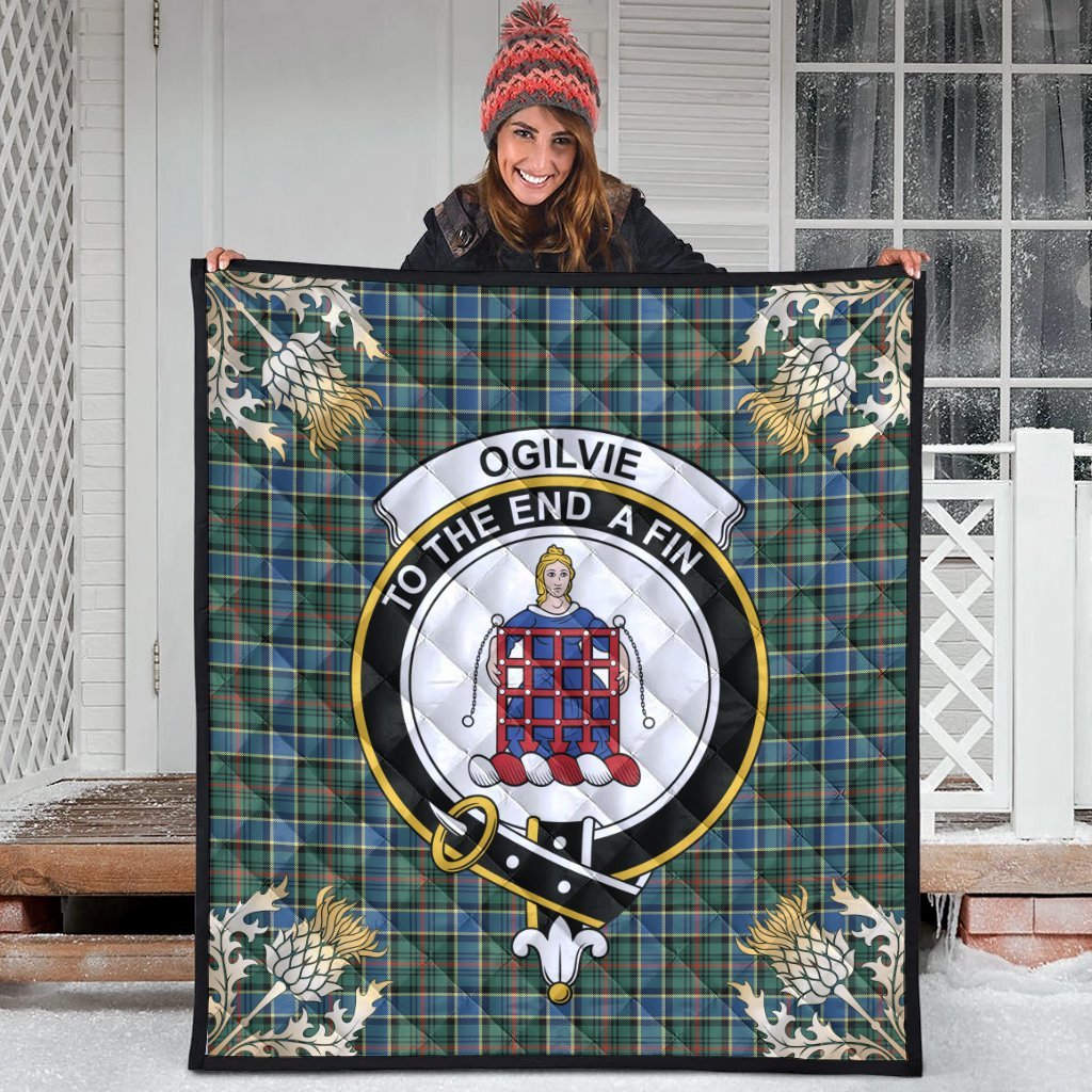 Ogilvie Hunting Ancient Tartan Crest Premium Quilt - Gold Thistle Style