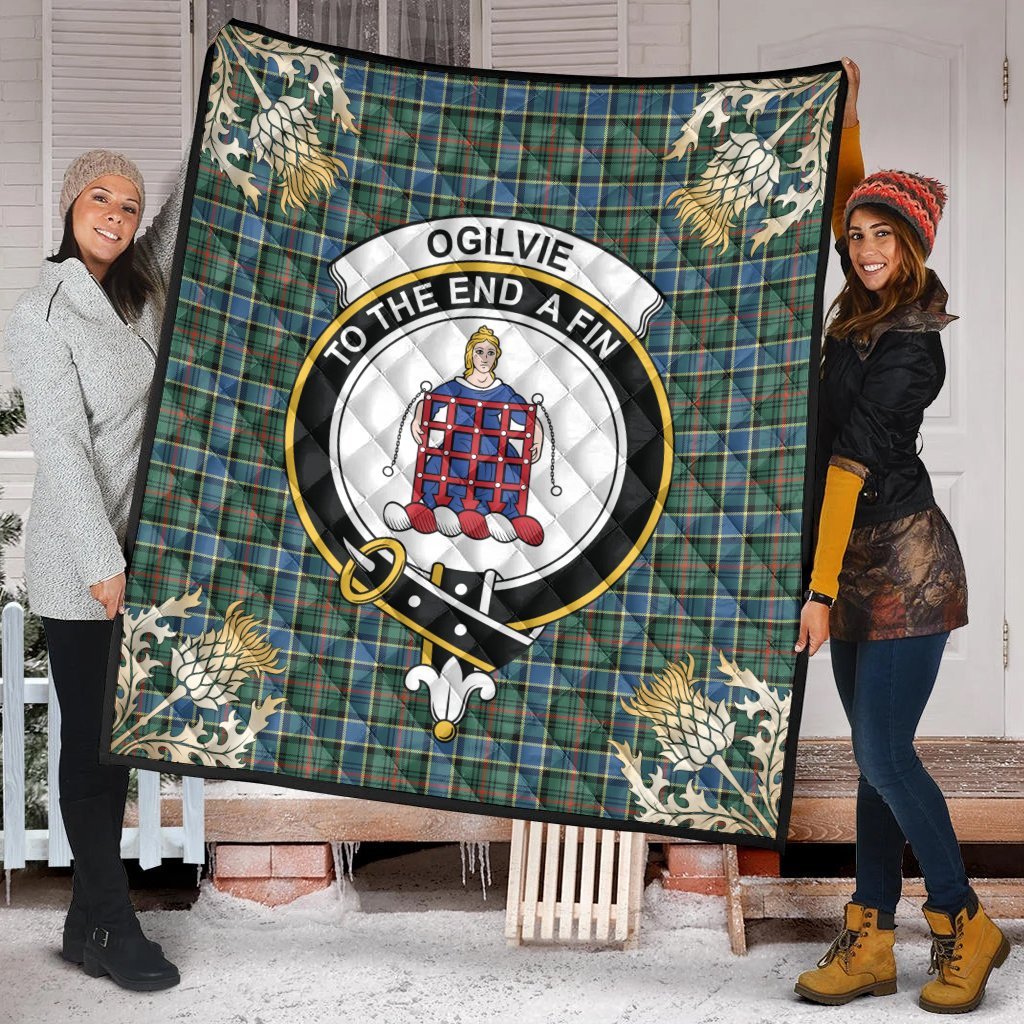 Ogilvie Hunting Ancient Tartan Crest Premium Quilt - Gold Thistle Style