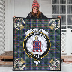 Ogilvie Hunting Modern Tartan Crest Premium Quilt - Gold Thistle Style