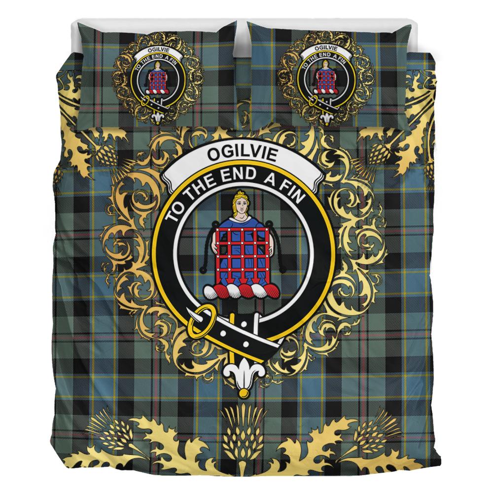 Ogilvie (Ogilvy) Hunting Tartan Crest Bedding Set - Golden Thistle Style