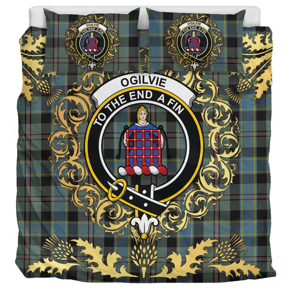 Ogilvie (Ogilvy) Hunting Tartan Crest Bedding Set - Golden Thistle Style
