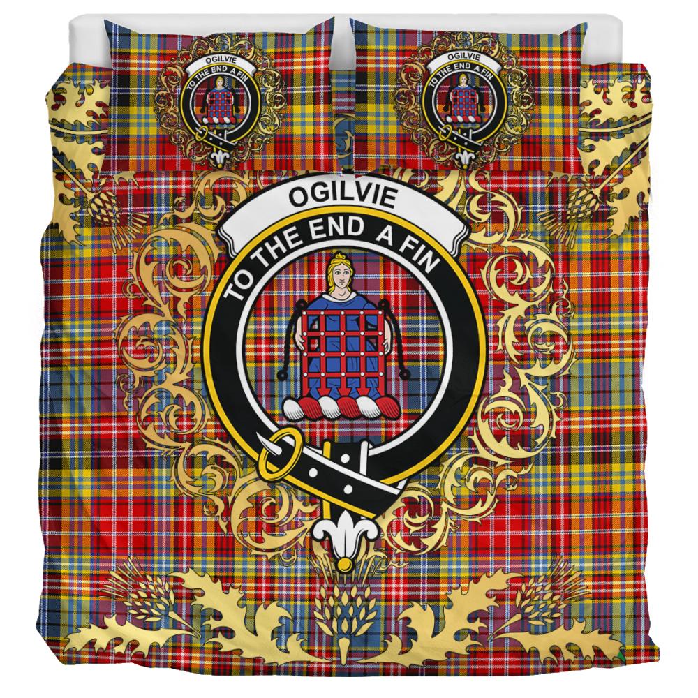 Ogilvie (Ogilvy) of Airlie Ancient Tartan Crest Bedding Set - Golden Thistle Style