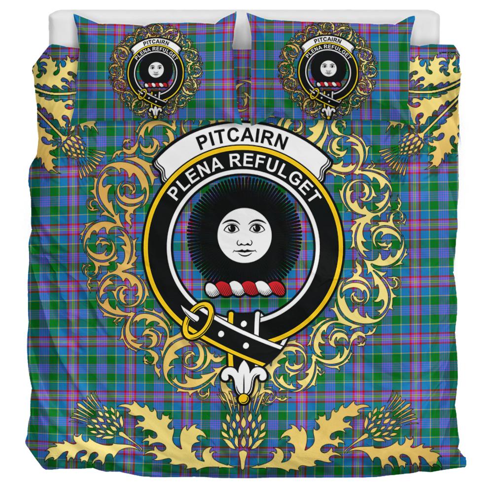 Pitcairn Hunting Tartan Crest Bedding Set - Golden Thistle Style