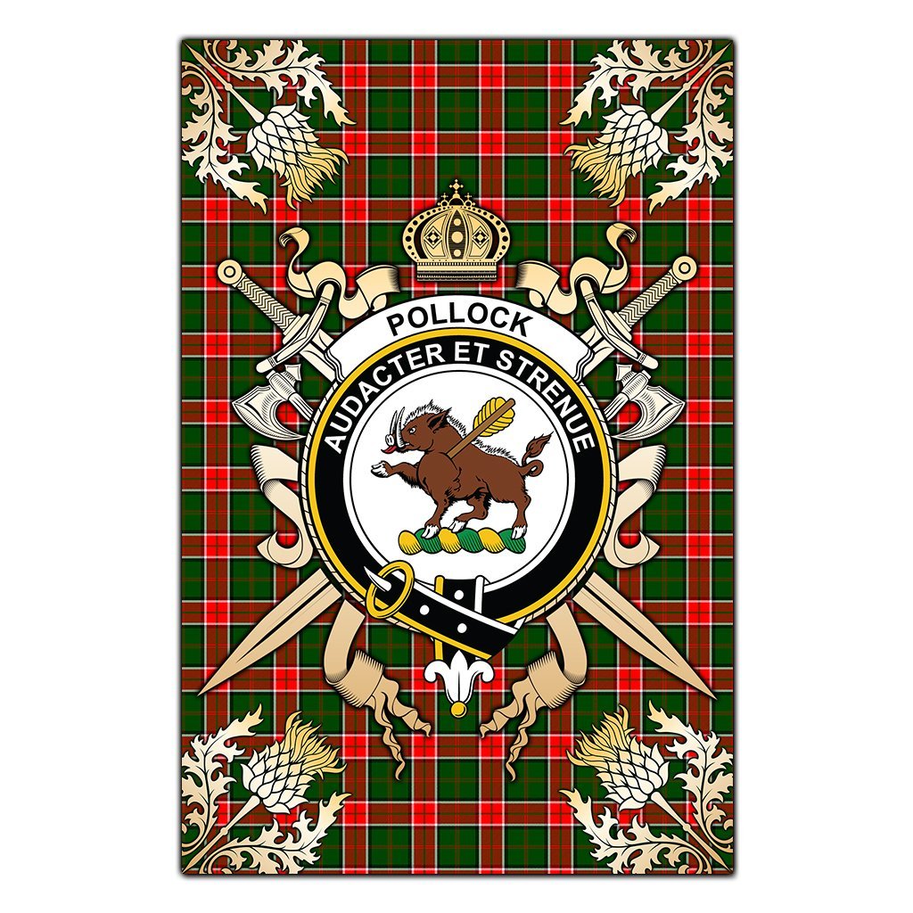 Pollock Modern Tartan Crest Black Garden Flag - Gold Thistle Style