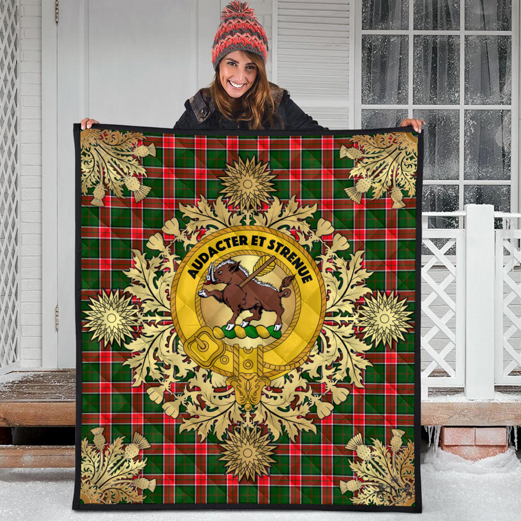 Pollock Modern Tartan Crest Premium Quilt - Gold Thistle Style
