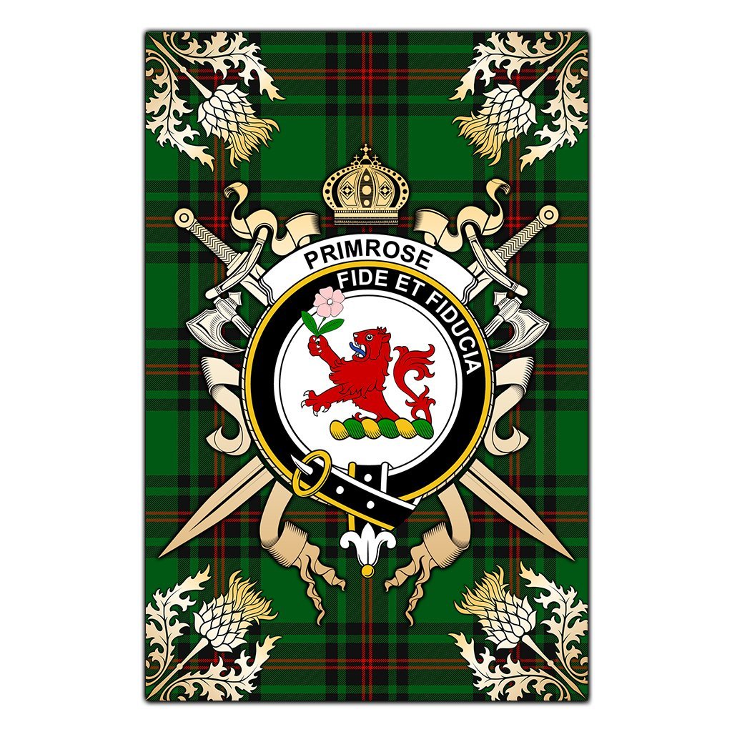 Primrose Tartan Crest Black Garden Flag - Gold Thistle Style