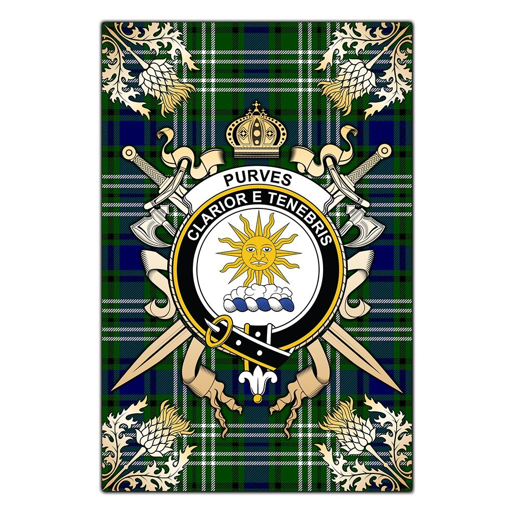 Purves Tartan Crest Black Garden Flag - Gold Thistle Style