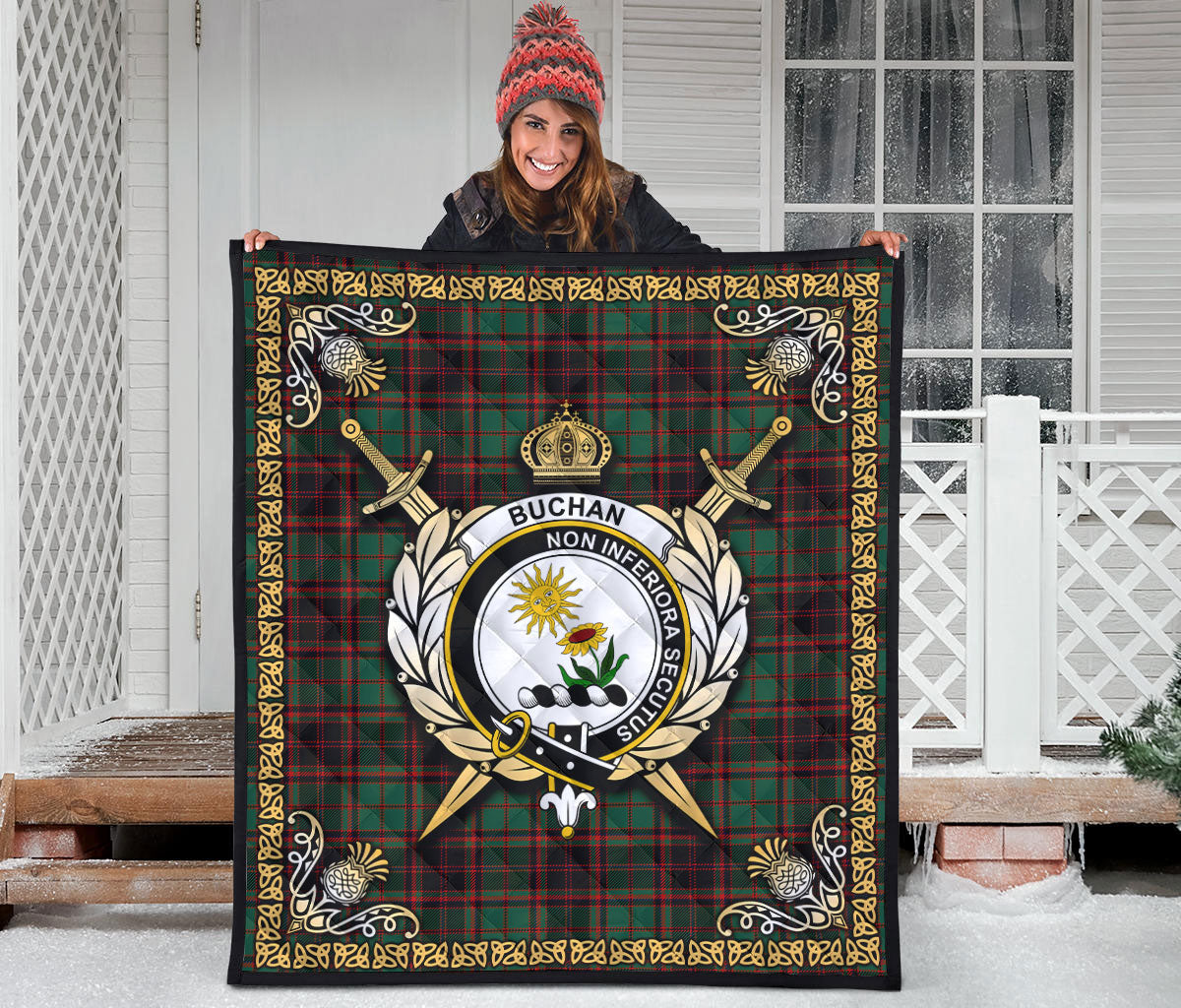 Buchan Ancient Tartan Crest Premium Quilt - Celtic Thistle Style