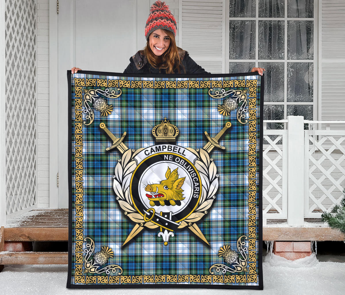 Campbell Dress Ancient Tartan Crest Premium Quilt - Celtic Thistle Style