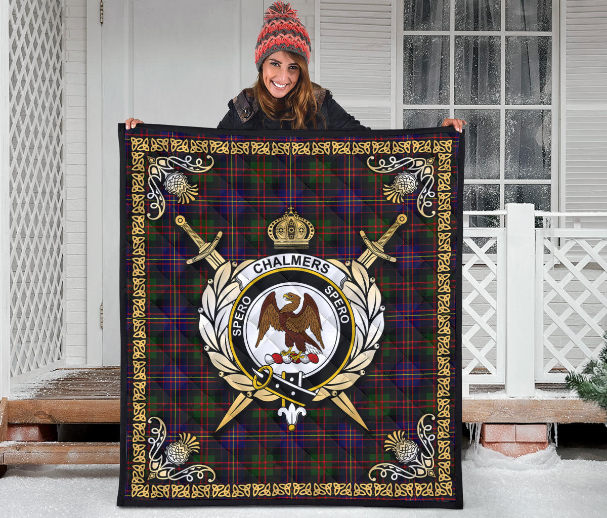 Chalmers (Balnacraig) Tartan Crest Premium Quilt - Celtic Thistle Style