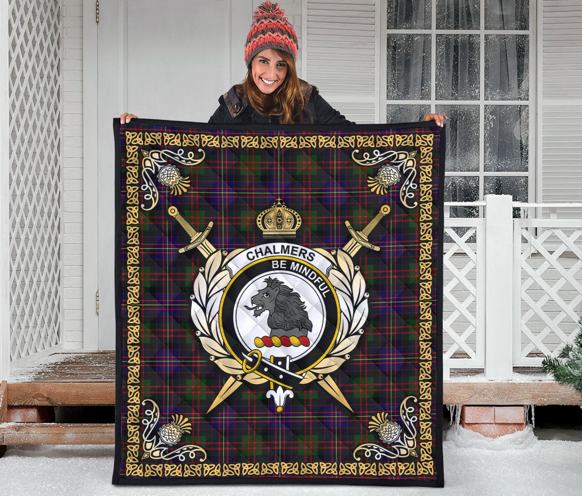 Chalmers Tartan Crest Premium Quilt - Celtic Thistle Style