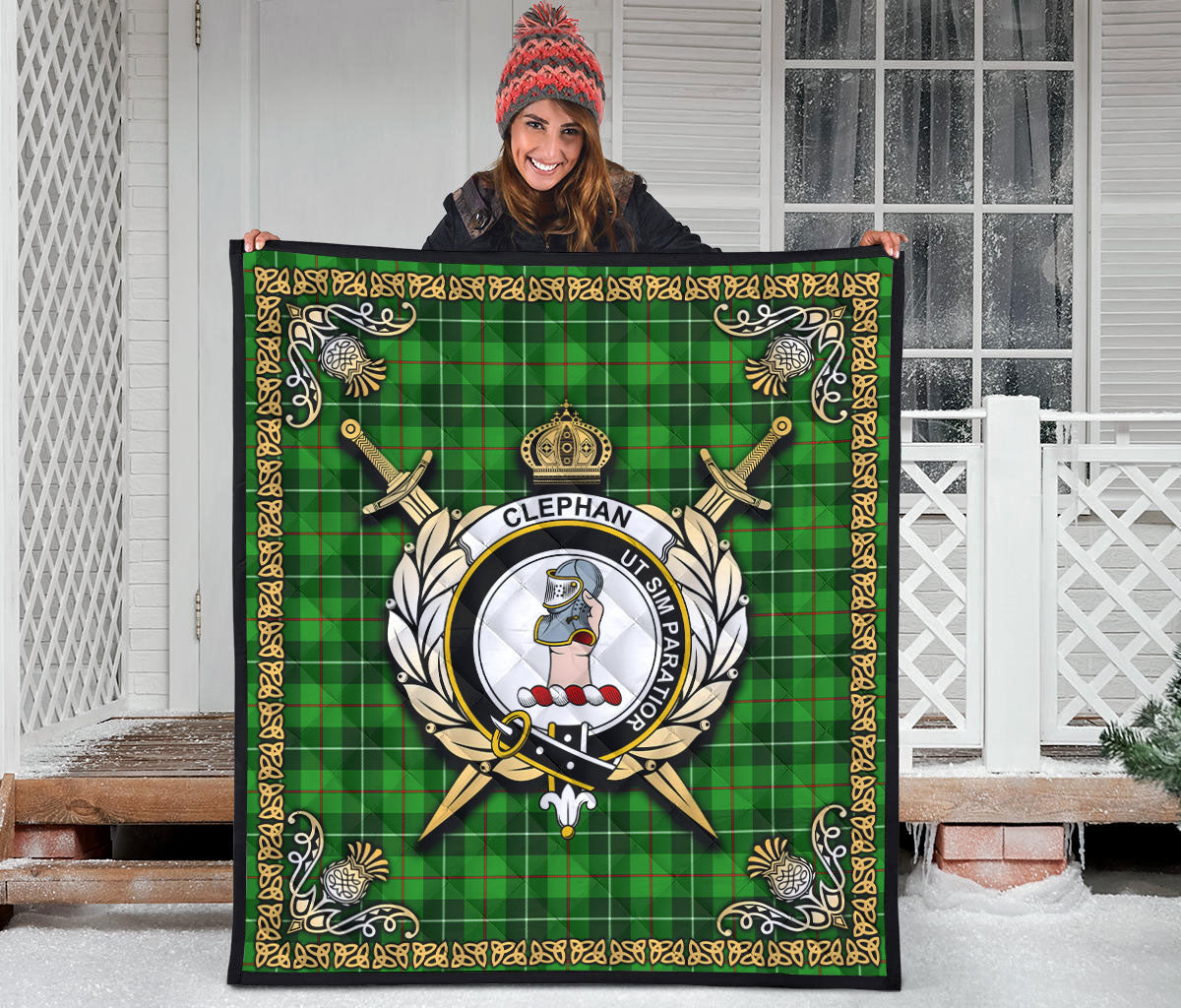 Clephan (or Clephane) Tartan Crest Premium Quilt - Celtic Thistle Style