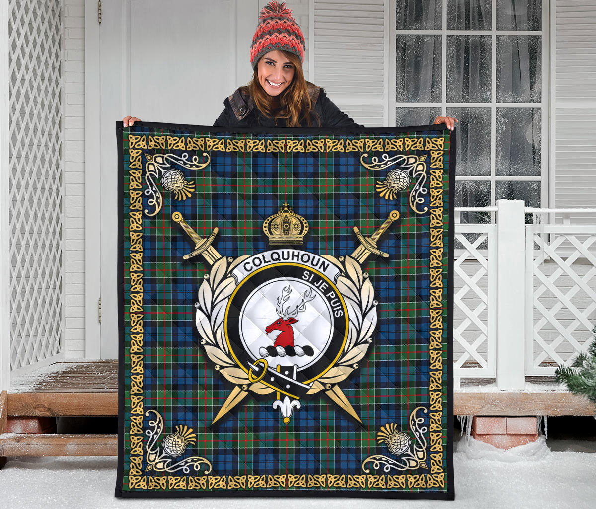 Colquhoun Ancient Tartan Crest Premium Quilt - Celtic Thistle Style