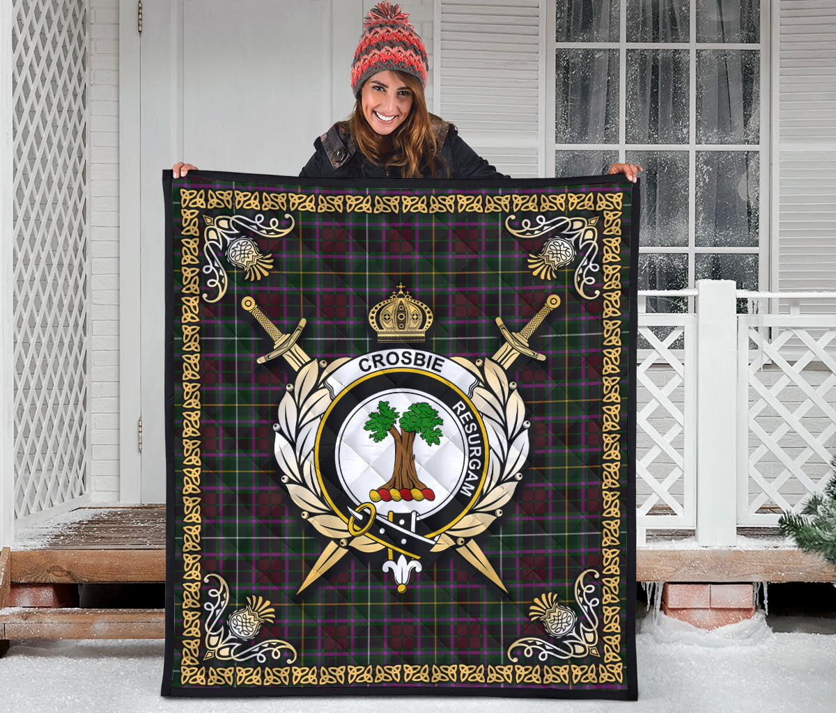 Crosbie (or Crosby) Tartan Crest Premium Quilt - Celtic Thistle Style