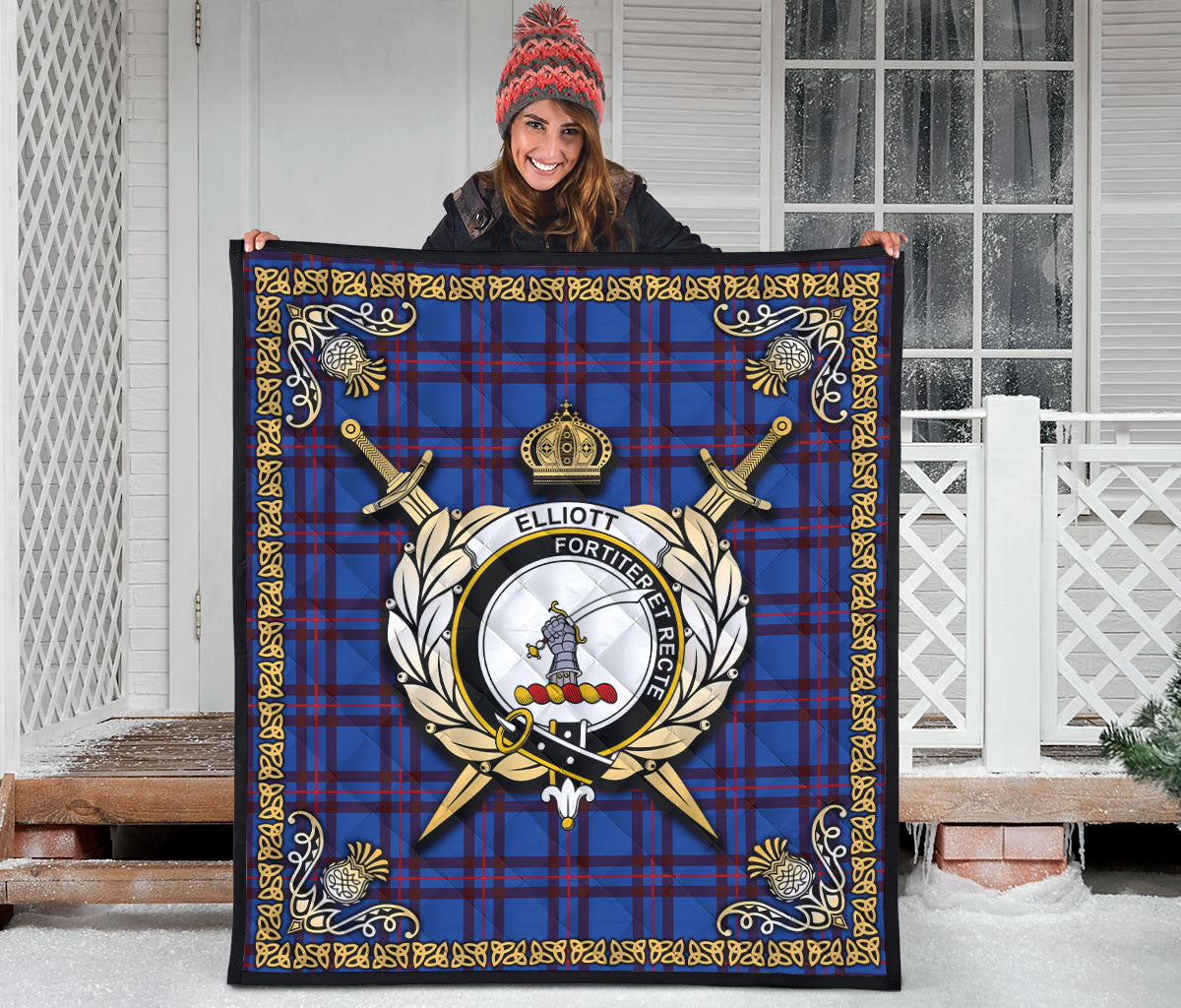 Elliott Modern Tartan Crest Premium Quilt - Celtic Thistle Style