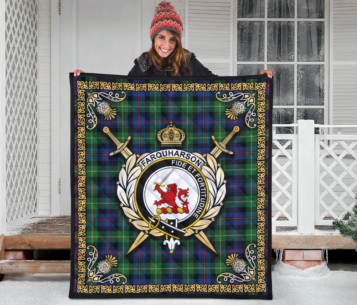 Farquharson Ancient Tartan Crest Premium Quilt - Celtic Thistle Style