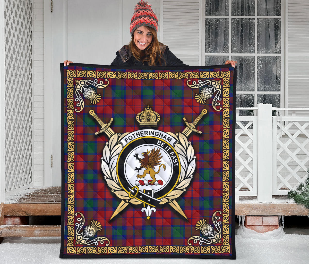 Fotheringham Tartan Crest Premium Quilt - Celtic Thistle Style