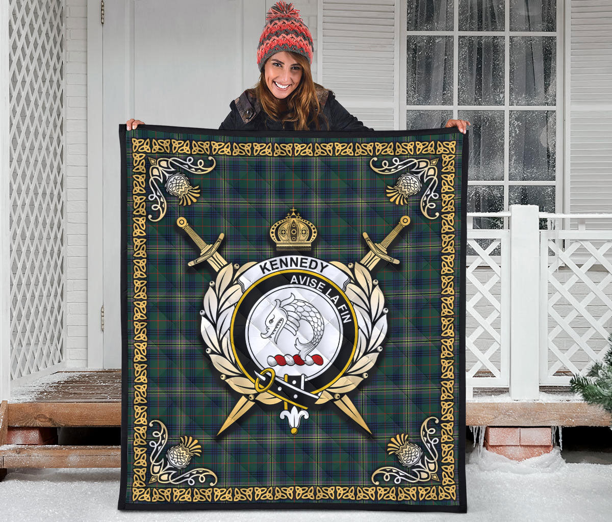 Kennedy Modern Tartan Crest Premium Quilt - Celtic Thistle Style
