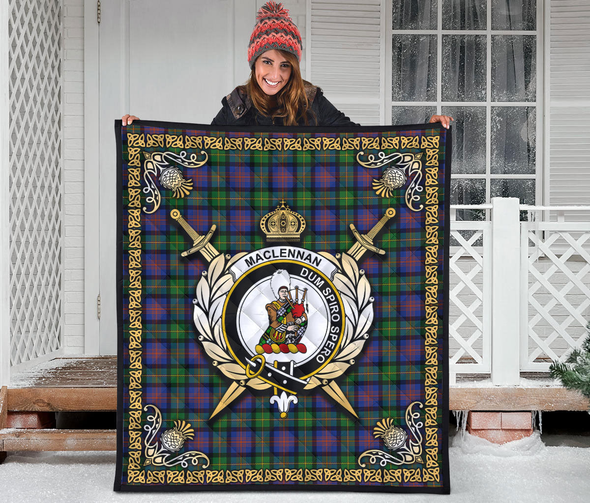 MacLennan Ancient Tartan Crest Premium Quilt - Celtic Thistle Style